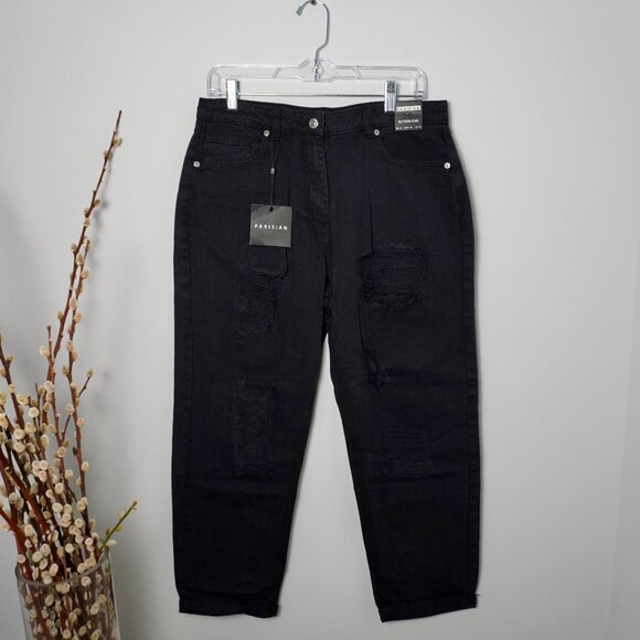 Parisian Black Ripped Boyfriend Jeans High-Rise Distressed Denim - Picture 3 of 6